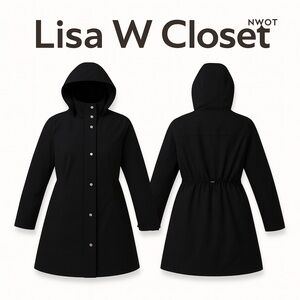 NWOT Kristen Blake Hooded Rain Coat Black XXL Cinch Waist